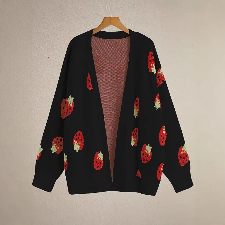 Amazon Explosions 2024 Prekogranični pleteni kardigan, ležeran slatki žakard, mali uzorak jagode, jesenski i zimski ženski