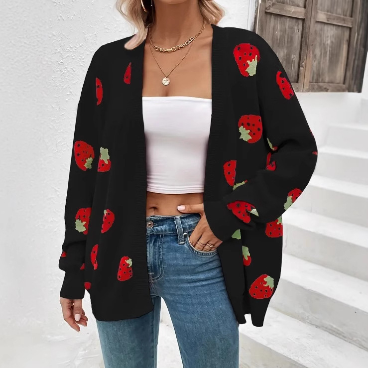 Amazon Explosions 2024 Prekogranični pleteni kardigan, ležeran slatki žakard, mali uzorak jagode, jesenski i zimski ženski