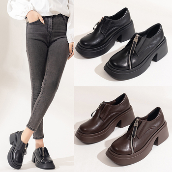 Male kožne cipele u britanskom stilu za žene, jesen/zima 2024., nove, okrugle cipele s prednjim patentnim zatvaračem, veće veličine, udobne i moderne ležerne cipele