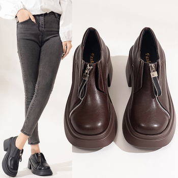 Male kožne cipele u britanskom stilu za žene, jesen/zima 2024., nove, okrugle cipele s prednjim patentnim zatvaračem, veće veličine, udobne i moderne ležerne cipele