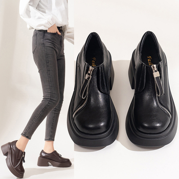 Male kožne cipele u britanskom stilu za žene, jesen/zima 2024., nove, okrugle cipele s prednjim patentnim zatvaračem, veće veličine, udobne i moderne ležerne cipele