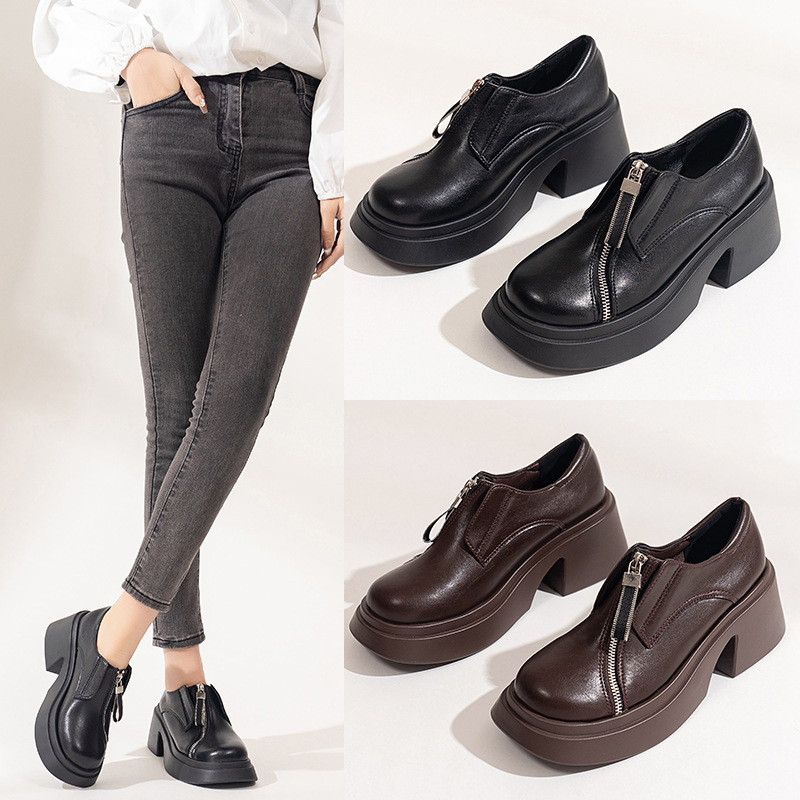 Male kožne cipele u britanskom stilu za žene, jesen/zima 2024., nove, okrugle cipele s prednjim patentnim zatvaračem, veće veličine, udobne i moderne ležerne cipele