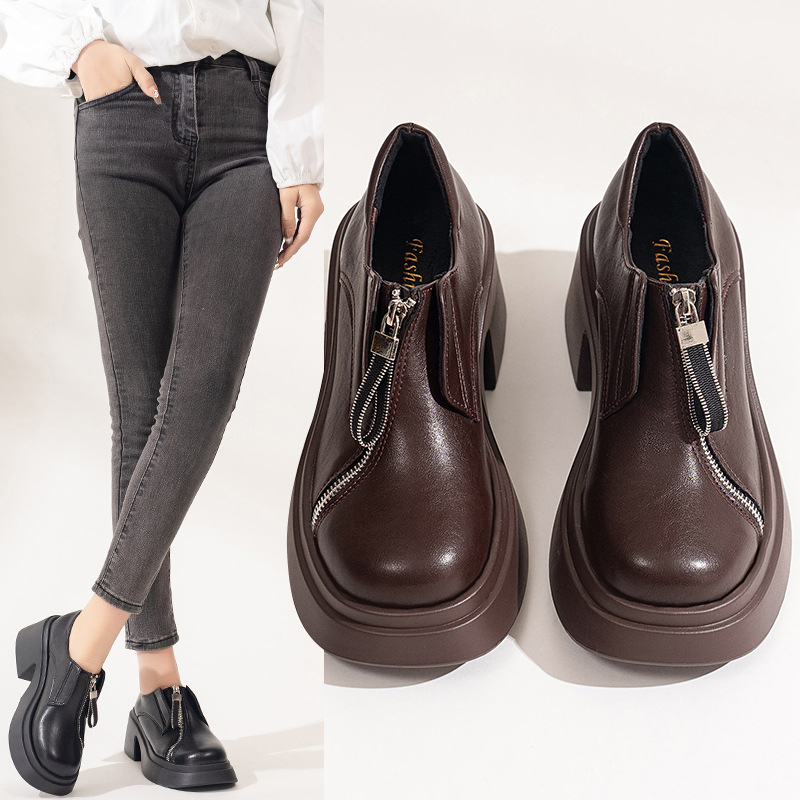 Male kožne cipele u britanskom stilu za žene, jesen/zima 2024., nove, okrugle cipele s prednjim patentnim zatvaračem, veće veličine, udobne i moderne ležerne cipele
