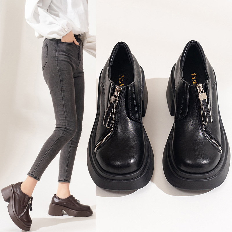 Male kožne cipele u britanskom stilu za žene, jesen/zima 2024., nove, okrugle cipele s prednjim patentnim zatvaračem, veće veličine, udobne i moderne ležerne cipele