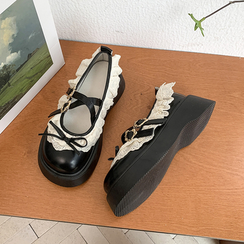 Νέα ανοιξιάτικα και φθινοπωρινά 2025 μαύρα δερμάτινα παπούτσια με φαρδύ, φαρδύ κάτω μέρος και φούστα, γυναικεία παπούτσια Mary Jane.