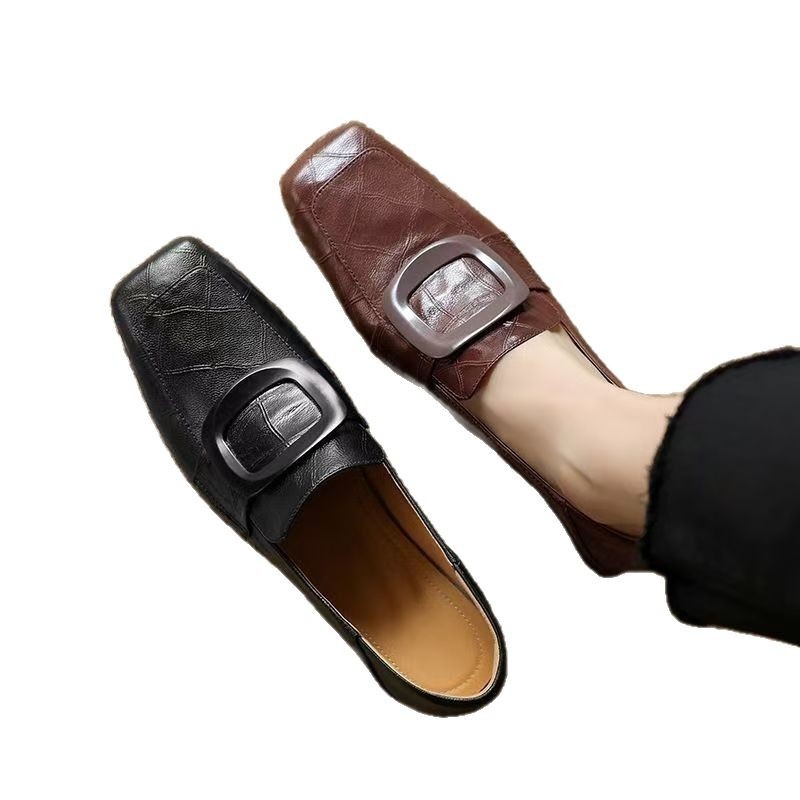 Pantofi retro francezi cu cap pătrat, cu gură adâncă, cu un singur strat, 2025, primăvara și toamna, stil nou, din piele moale, cu cataramă pătrată, din piele integrală, casual, cu un singur strat