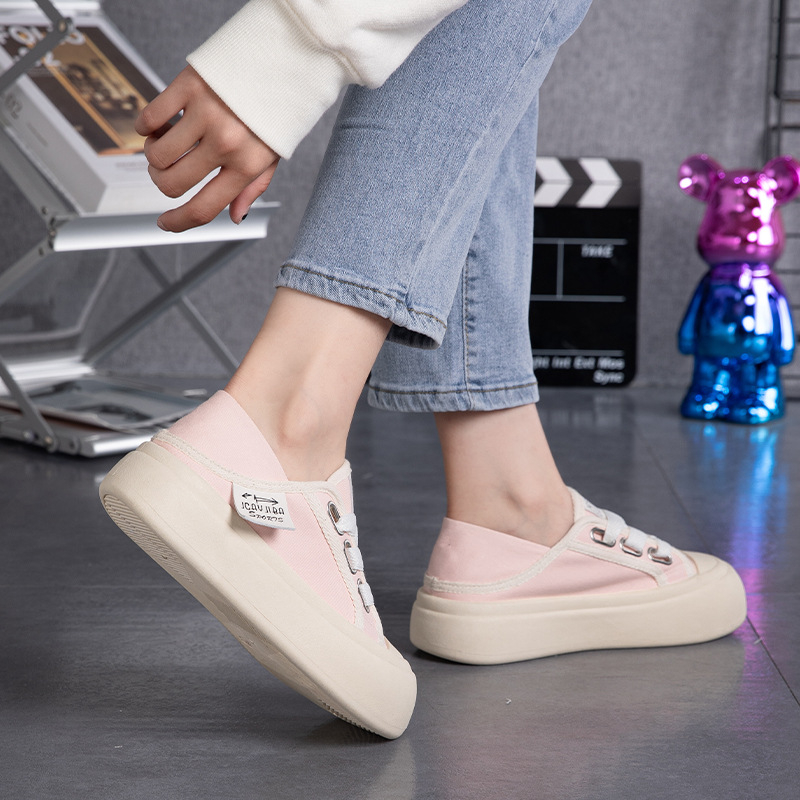 Nové letné plátené topánky s hrubou podrážkou pre študentky z roku 2024, ležérne biele topánky s polovičnou podrážkou, priedušné a všestranné tenisky Tmy605