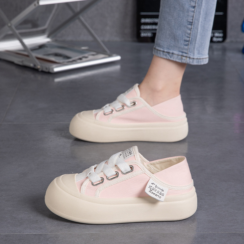 Nové letné plátené topánky s hrubou podrážkou pre študentky z roku 2024, ležérne biele topánky s polovičnou podrážkou, priedušné a všestranné tenisky Tmy605