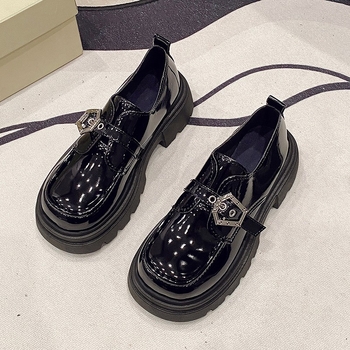 Dámske čierne retro kožené topánky s hrubou podrážkou, okrúhlou špičkou, čierne, v britskom štýle, malé, s okrúhlou špičkou, na jar 2025