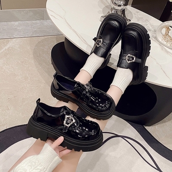 Dámske čierne retro kožené topánky s hrubou podrážkou, okrúhlou špičkou, čierne, v britskom štýle, malé, s okrúhlou špičkou, na jar 2025