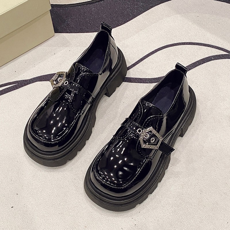 Pantofi de damă din piele, stil retro britanic, cu fund gros, negri, 2025, primăvara nouă, rochie, vârf rotund, Mary Jane, pantofi single