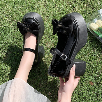 Dámske topánky Mary Jane vo francúzskom štýle, zima 2024, nový štýl, mašľa, hrubá podrážka, jednovrstvové topánky, kožené topánky s hrubým podpätkom a plytkými ústami