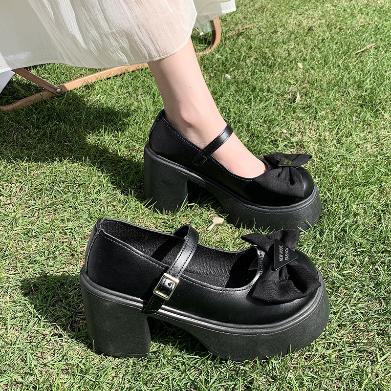 Dámske topánky Mary Jane vo francúzskom štýle, zima 2024, nový štýl, mašľa, hrubá podrážka, jednovrstvové topánky, kožené topánky s hrubým podpätkom a plytkými ústami