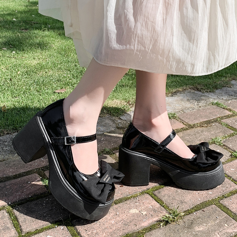 Dámske topánky Mary Jane vo francúzskom štýle, zima 2024, nový štýl, mašľa, hrubá podrážka, jednovrstvové topánky, kožené topánky s hrubým podpätkom a plytkými ústami