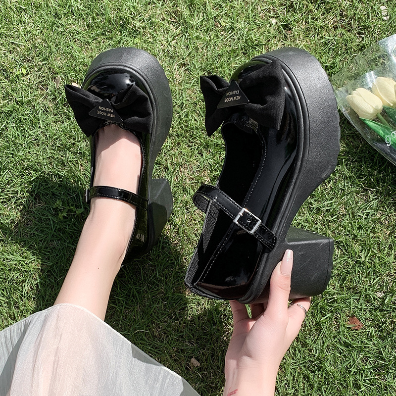 Dámske topánky Mary Jane vo francúzskom štýle, zima 2024, nový štýl, mašľa, hrubá podrážka, jednovrstvové topánky, kožené topánky s hrubým podpätkom a plytkými ústami