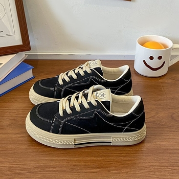 Кампус стил, черни платнени обувки, дамски, пролетни нови 2025 г. с кръгъл връх, бели обувки, студентски, равни, ежедневни, еднослойни обувки