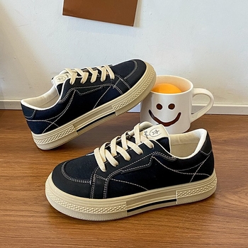 Γυναικεία παπούτσια από καμβά σε στιλ πανεπιστημιούπολης, all-match, νέα, ανοιξιάτικα, λευκά παπούτσια με στρογγυλή μύτη, φοιτητικά, φλατ, casual, μονόστρωτα παπούτσια, σε μαύρο χρώμα.