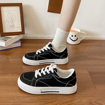 Γυναικεία παπούτσια από καμβά σε στιλ πανεπιστημιούπολης, all-match, νέα, ανοιξιάτικα, λευκά παπούτσια με στρογγυλή μύτη, φοιτητικά, φλατ, casual, μονόστρωτα παπούτσια, σε μαύρο χρώμα.