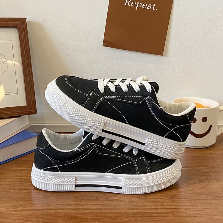 Кампус стил, черни платнени обувки, дамски, пролетни нови 2025 г. с кръгъл връх, бели обувки, студентски, равни, ежедневни, еднослойни обувки