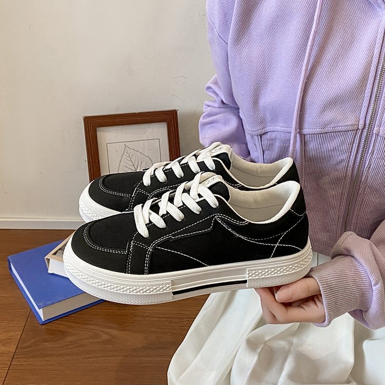 Кампус стил, черни платнени обувки, дамски, пролетни нови 2025 г. с кръгъл връх, бели обувки, студентски, равни, ежедневни, еднослойни обувки
