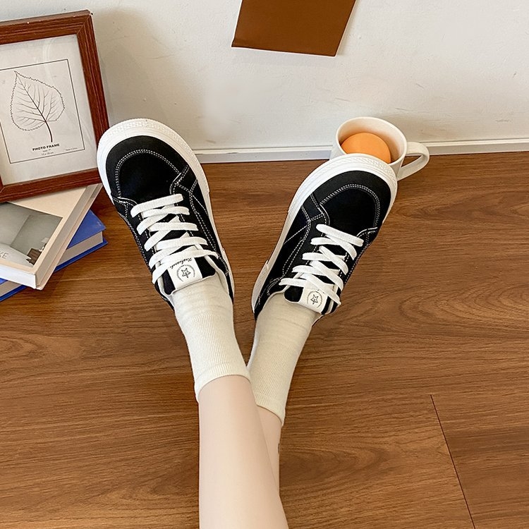 Кампус стил, черни платнени обувки, дамски, пролетни нови 2025 г. с кръгъл връх, бели обувки, студентски, равни, ежедневни, еднослойни обувки