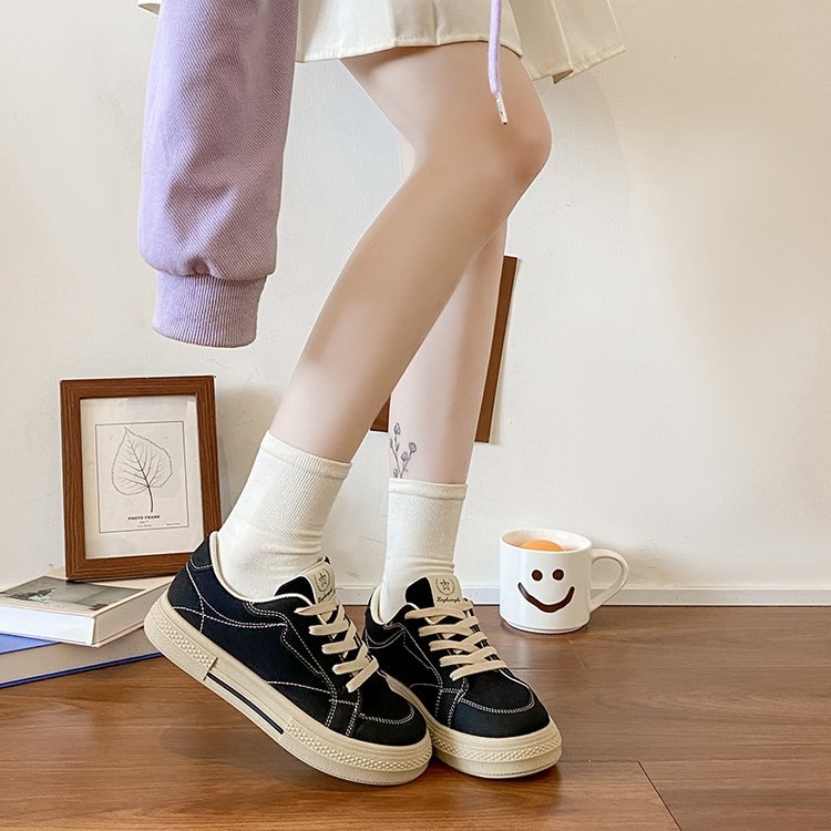 Кампус стил, черни платнени обувки, дамски, пролетни нови 2025 г. с кръгъл връх, бели обувки, студентски, равни, ежедневни, еднослойни обувки