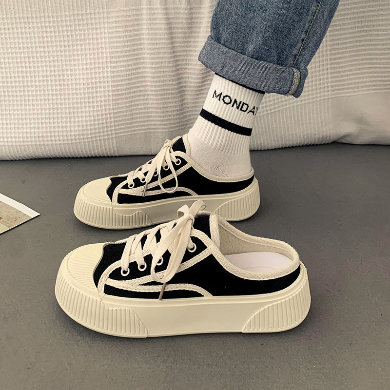 Дамски платнени обувки с полуплъзгащ се ток, без ток, летни мързеливи обувки, 2025, нови студентски, универсални, ежедневни маратонки