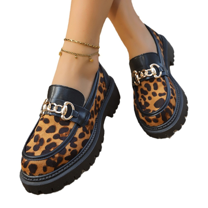 Vanjska trgovina plus size Britanski stil Nove mokasine s leopard printom za proljeće, zimu i jesen Univerzalne zapadnjačke cipele s debelom petom, moderne retro male kožne cipele