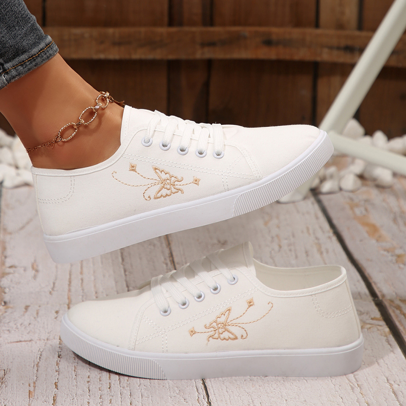 Външнотърговски големи размери малки бели обувки пролетни и есенни нови модни бродирани предни дантели плътен цвят меко дъно трансгранични спортни обувки на едро
