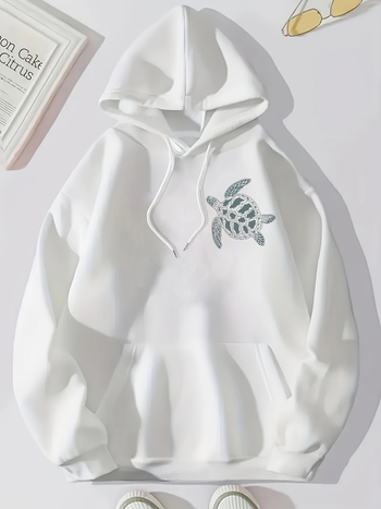 Majica s kapuljačom s printom kornjače i slova, ležerna, dugi rukav