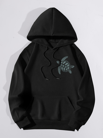 Majica s kapuljačom s printom kornjače i slova, ležerna, dugi rukav