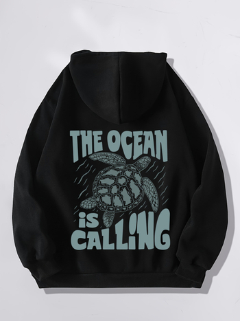 Majica s kapuljačom s printom kornjače i slova, ležerna, dugi rukav