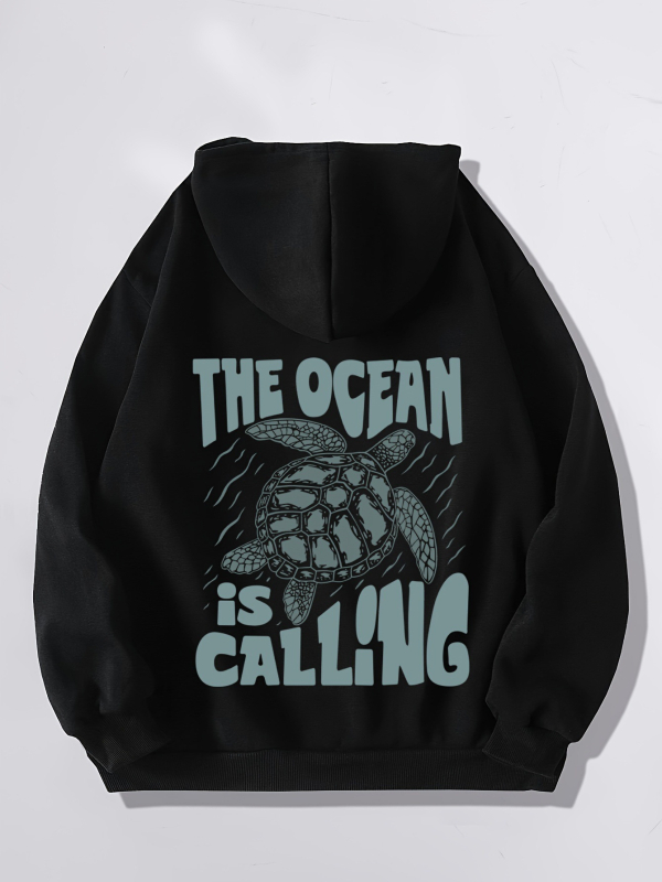 Majica s kapuljačom s printom kornjače i slova, ležerna, dugi rukav