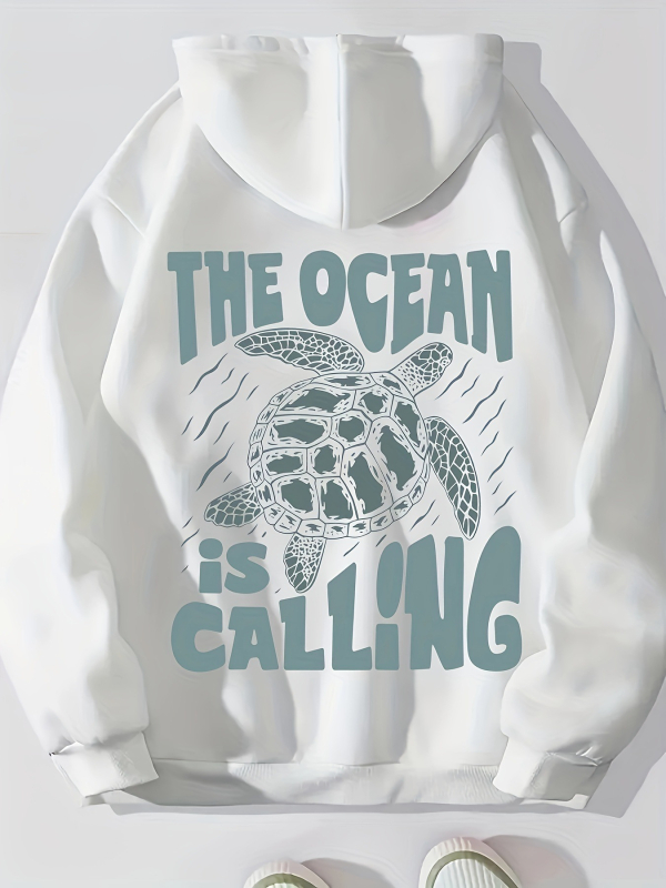 Majica s kapuljačom s printom kornjače i slova, ležerna, dugi rukav