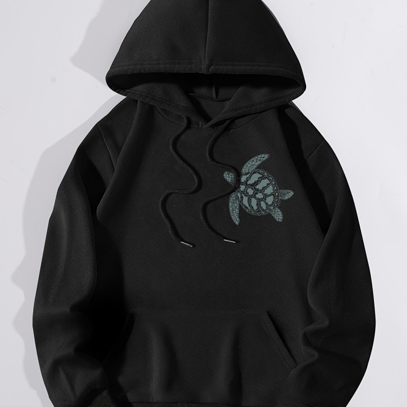 Majica s kapuljačom s printom kornjače i slova, ležerna, dugi rukav