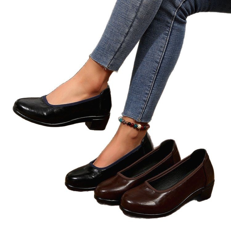 Zahraničný obchod cezhraničný plus size 2025 nové topánky na vysokom podpätku s okrúhlou hlavou a hrubým podpätkom, plytké ústa z kože, pracovná obuv plus size