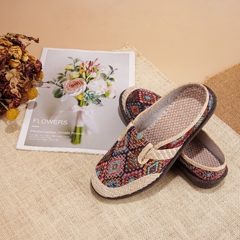 Seni Pekino medžiaginiai moteriški bateliai, vasarinės kvėpuojančios lininės basutės, etninio stiliaus mamyčių bateliai, uždaros noselės, plokščias kulnas