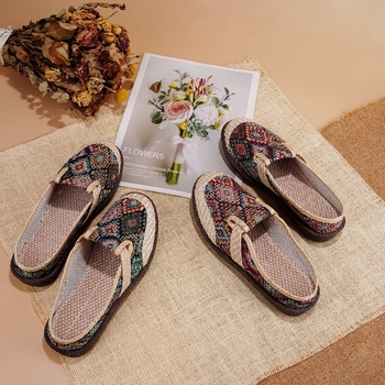 Seni Pekino medžiaginiai moteriški bateliai, vasarinės kvėpuojančios lininės basutės, etninio stiliaus mamyčių bateliai, uždaros noselės, plokščias kulnas