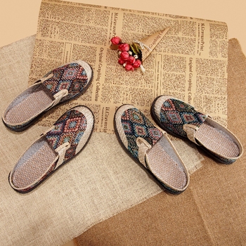 Seni Pekino medžiaginiai moteriški bateliai, vasarinės kvėpuojančios lininės basutės, etninio stiliaus mamyčių bateliai, uždaros noselės, plokščias kulnas