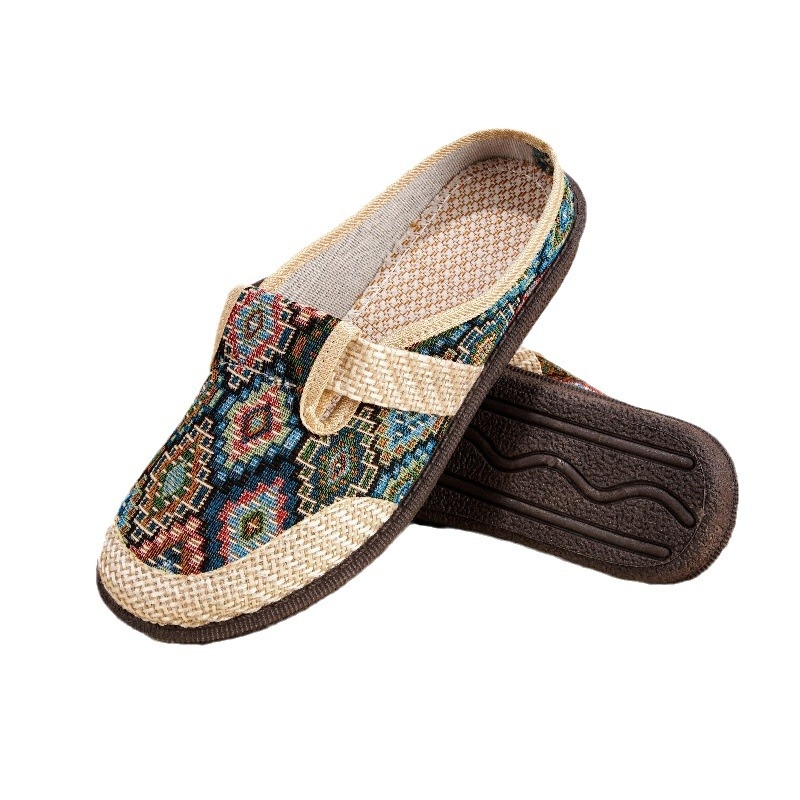 Seni Pekino medžiaginiai moteriški bateliai, vasarinės kvėpuojančios lininės basutės, etninio stiliaus mamyčių bateliai, uždaros noselės, plokščias kulnas