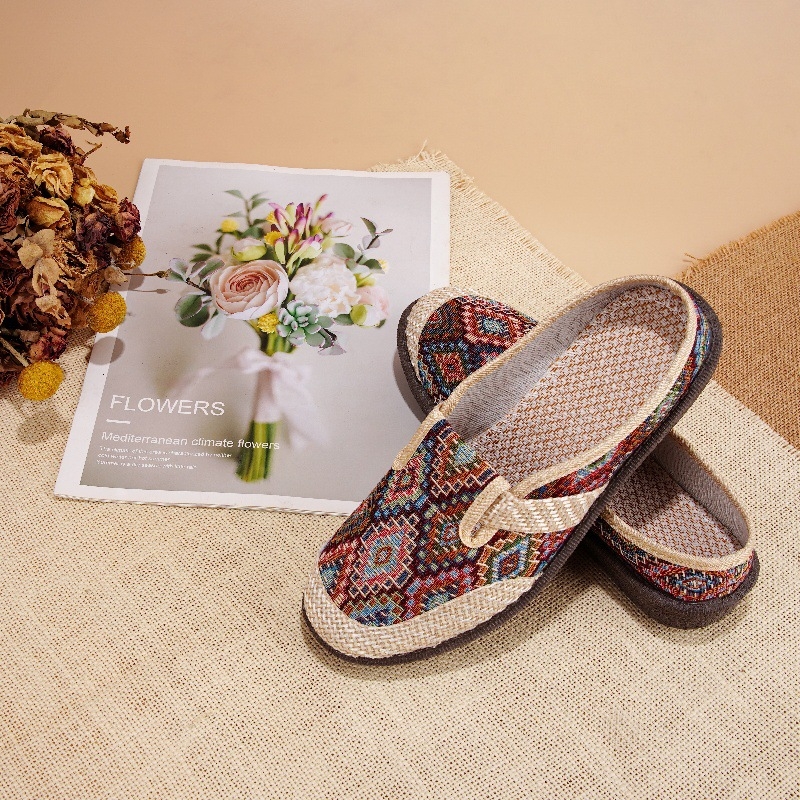 Seni Pekino medžiaginiai moteriški bateliai, vasarinės kvėpuojančios lininės basutės, etninio stiliaus mamyčių bateliai, uždaros noselės, plokščias kulnas