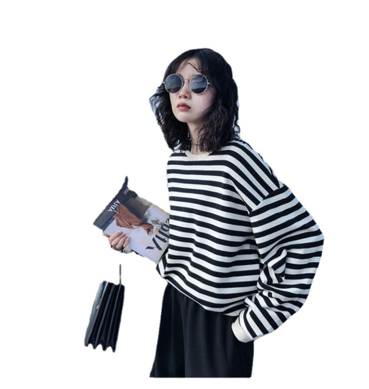 Jesen 2022. Nova ženska prugasta majica dugih rukava u korejskom stilu, ženski gornji dio, tanki, široki pulover s okruglim izrezom za žene