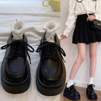 Μικρά δερμάτινα παπούτσια με χοντρή σόλα σε στυλ ακαδημίας, άνοιξη και φθινόπωρο, νέα βρετανικού στιλ 2024, μοντέρνα μοκασίνια με χοντρό τακούνι και δετά κορδόνια, μονόστρωτα παπούτσια