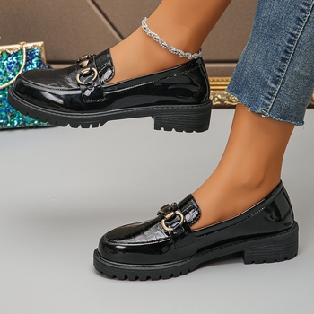 Γυναικεία παπούτσια βρετανικού στιλ από λουστρίνι με χοντρή σόλα, 2024, νέα, all-match loafers με στρογγυλή μύτη που αυξάνουν το ύψος, μονόστρωτα παπούτσια.