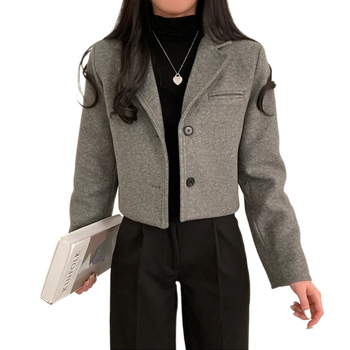 Jachetă elegantă din lână, stil coreean de iarnă, vintage, simplu, de înaltă calitate, cu guler, cu un singur rând de nasturi