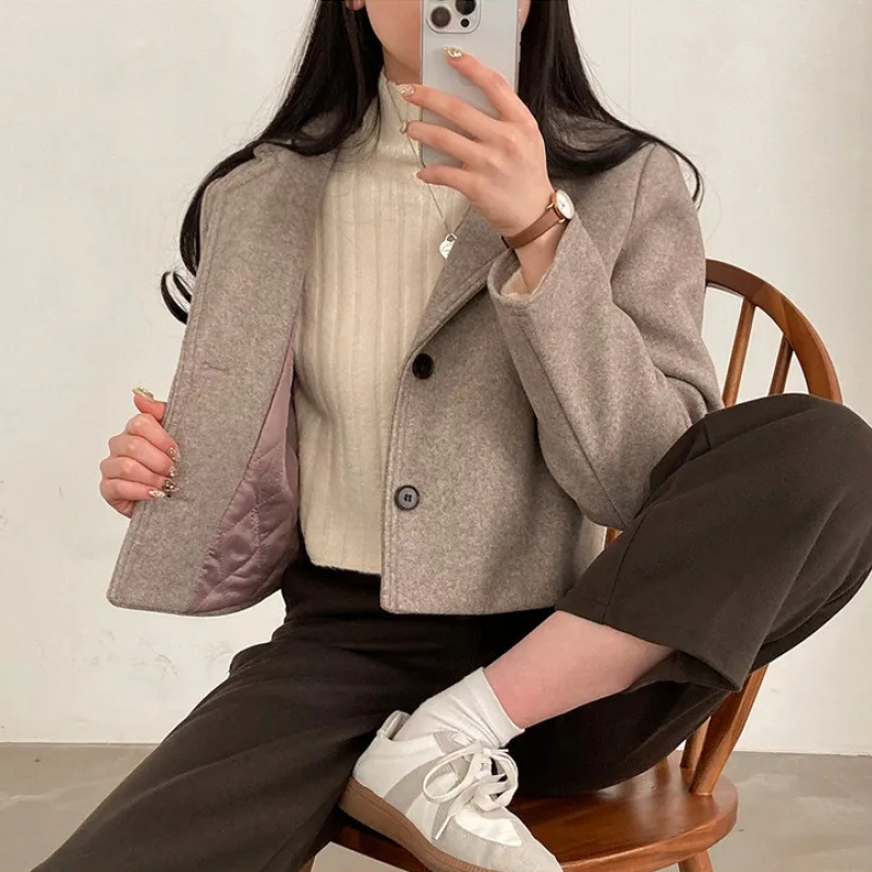 Jachetă elegantă din lână, stil coreean de iarnă, vintage, simplu, de înaltă calitate, cu guler, cu un singur rând de nasturi