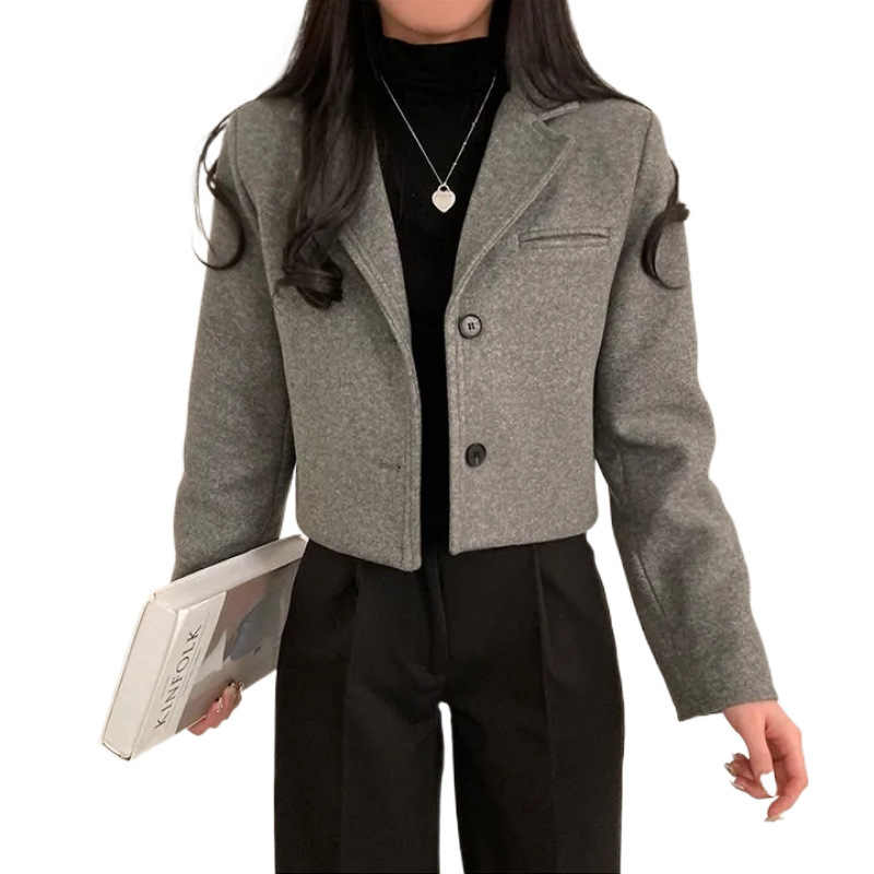 Jachetă elegantă din lână, stil coreean de iarnă, vintage, simplu, de înaltă calitate, cu guler, cu un singur rând de nasturi