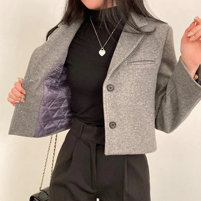 Jachetă elegantă din lână, stil coreean de iarnă, vintage, simplu, de înaltă calitate, cu guler, cu un singur rând de nasturi