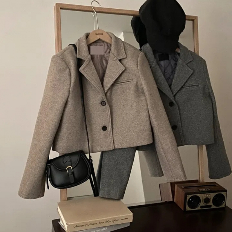 Jachetă elegantă din lână, stil coreean de iarnă, vintage, simplu, de înaltă calitate, cu guler, cu un singur rând de nasturi