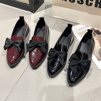 Dámske topánky s mašľou, plus size 35-43, ležérne kožené topánky, jeseň 2024, nové, cezhraničné, lakované, pedál